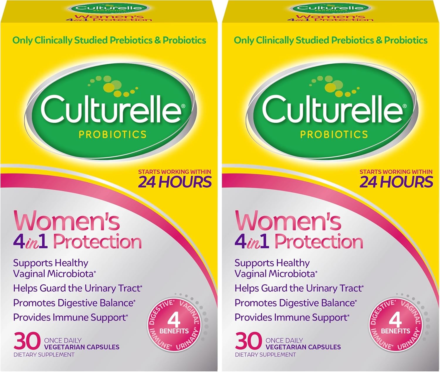 Culturelle 4-in-1 Probiotics for Women, Daily Probiotic & Prebiotic Supplement to Support Vaginal Health, Digestive Health, Immune Health, Occasional Diarrhea, Gas & Bloating Relief, Non-GMO, 30 Count