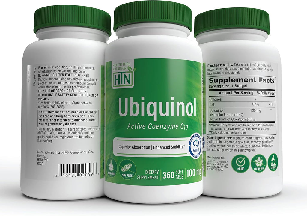 Health Thru Nutrition Ubiquinol 100mg 360 Softgels as Kaneka QH Reduced CoQ-10 | Stabilized - 3rd Party Tested | Enhanced Bioavailability | Cardiovascular & Mitochondria Function Support | Non-GMO