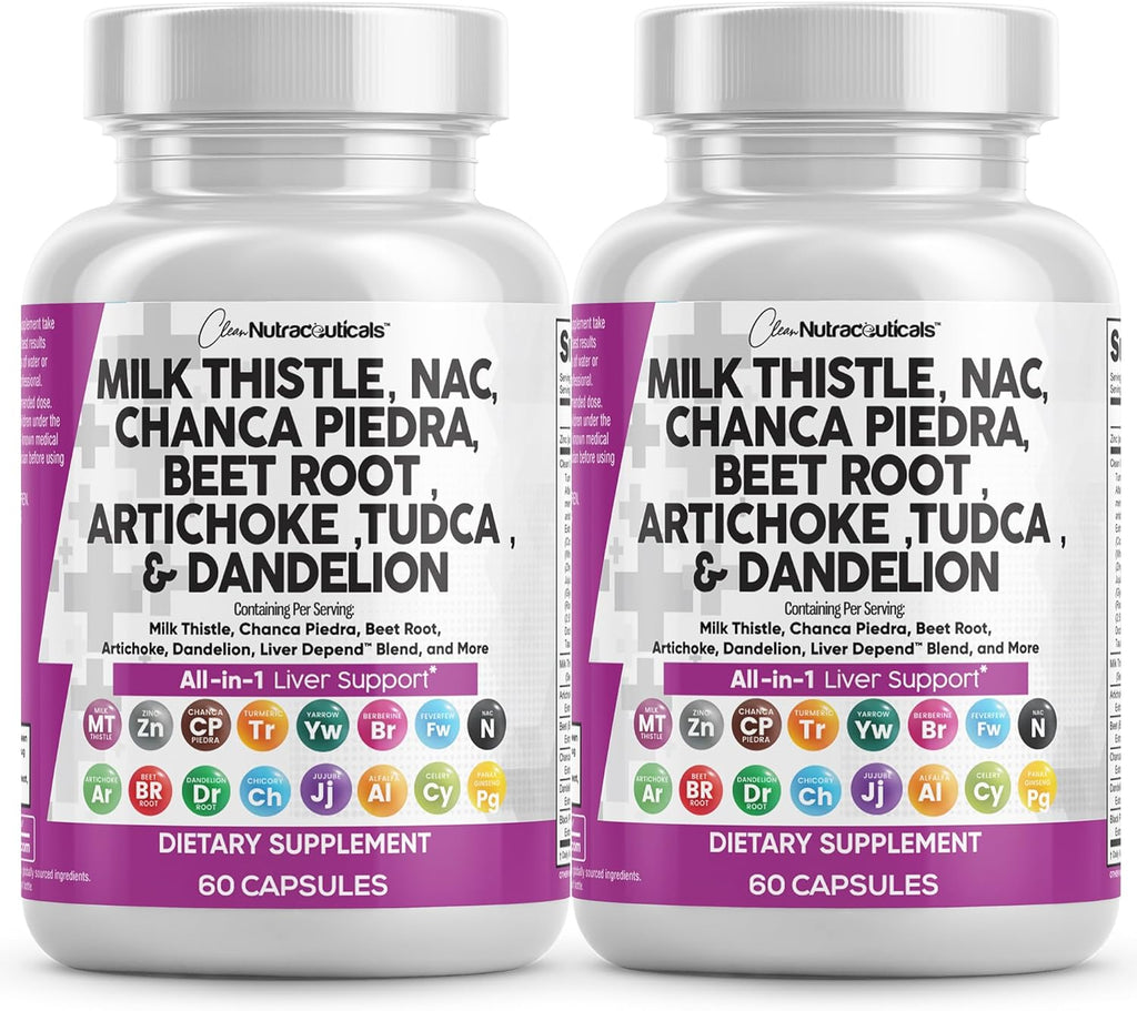 Clean Nutraceuticals Milk Thistle NAC Chanca Piedra Beet Root Artichoke Dandelion Root - Liver Cleanse Supplement Plus TUDCA Choline & Ginger - 2Pack