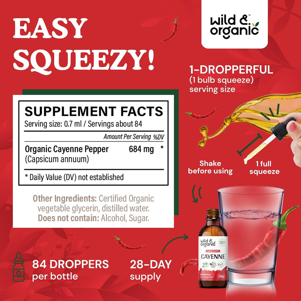 Wild & Organic Cayenne Pepper Tincture - Capsaicin Supplements for Digestive Support - Cayenne Pepper Extract Liquid - Vegan, Alcohol-Free Drops - 2 fl oz