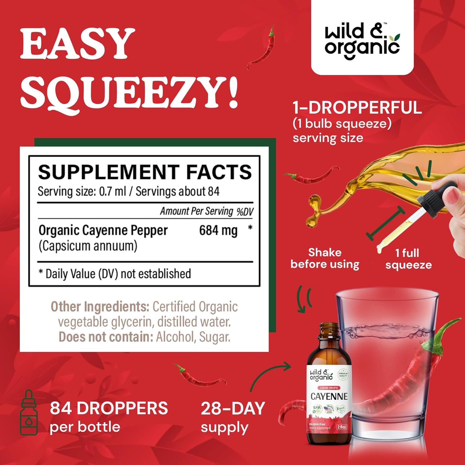 Wild & Organic Cayenne Pepper Tincture - Capsaicin Supplements for Digestive Support - Cayenne Pepper Extract Liquid - Vegan, Alcohol-Free Drops - 2 fl oz