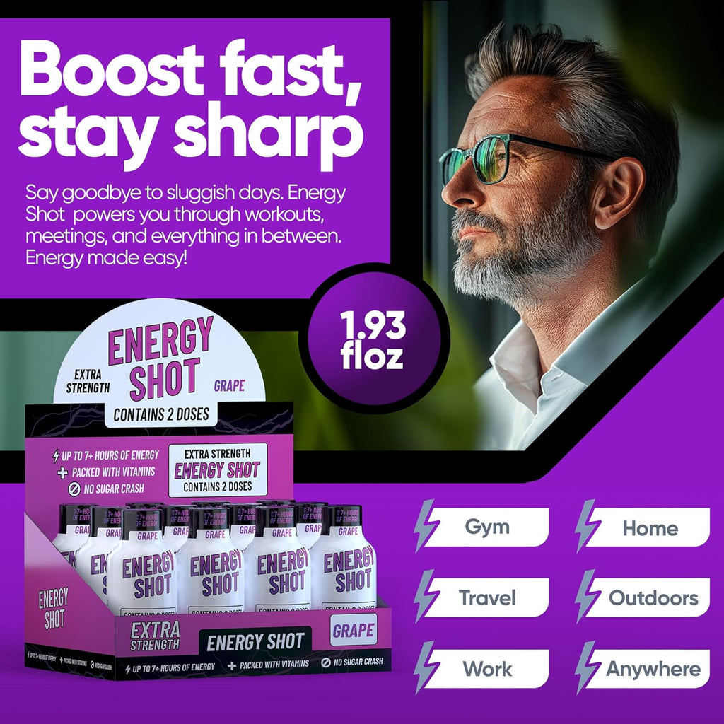 Grape Extra Strength Energy Shot 48 pk – 260mg Natural Caffeine B12 B6 – Energy & Focus Support – 2 Servings Sugar Free Zero Calorie Green Tea B-Vitamins Electrolytes Vegan – 1.93 fl oz