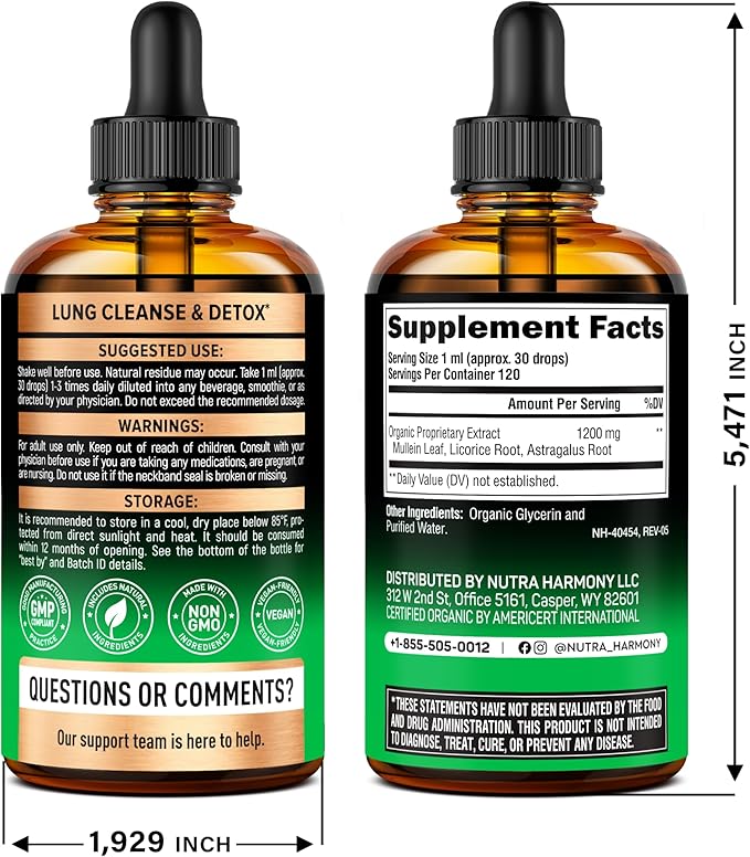 Mullein Drops for Lungs - USDA Organic Liquid - Mullein Leaf Extract Supplement - Made in USA - Lung & Bronchial Cleanse for Smokers - Respiratory Health Support - As Tincture, Tea, Pills - 4 fl oz