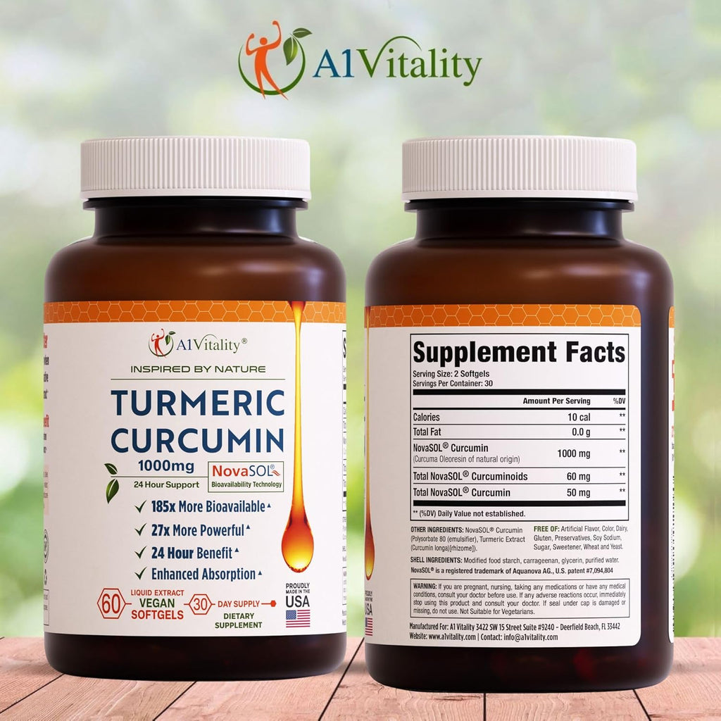 A1Vitality NovaSOL Turmeric Curcumin 1000mg – Clinically Proven 185x Higher Absorption – Promotes Joint Comfort, Mobility & Overall Wellness – Non-GMO, Doctor Formulated, 60 Softgels.