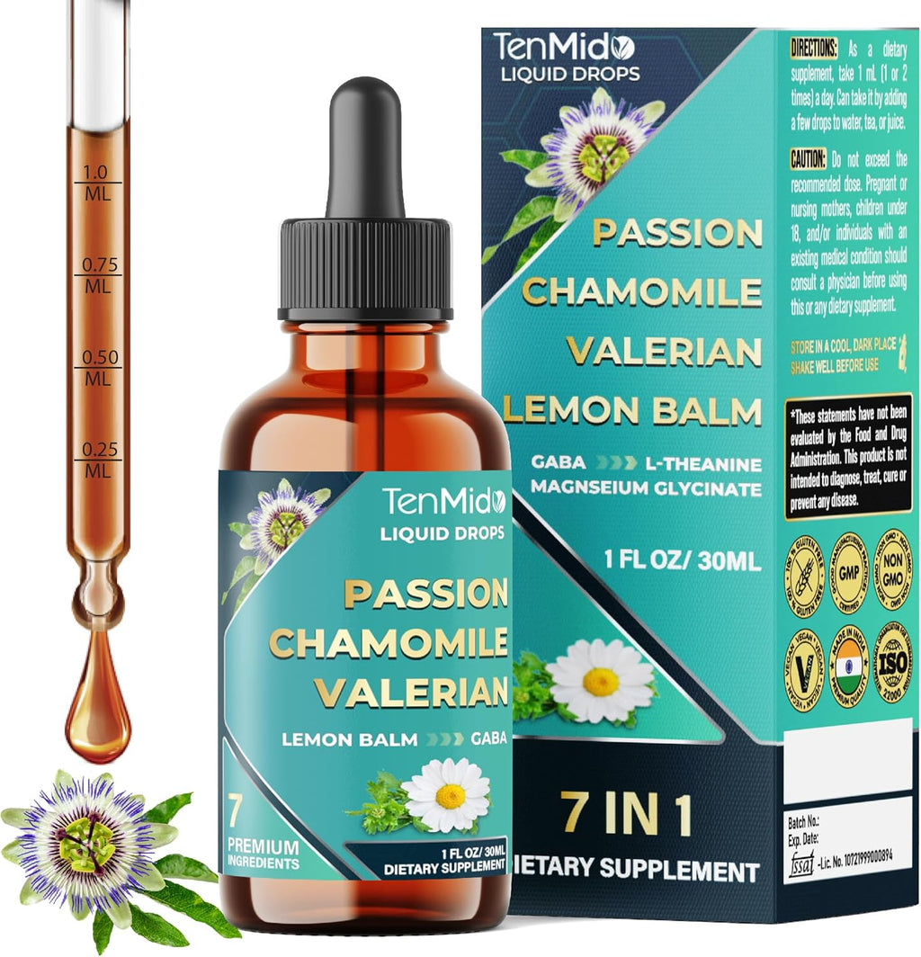 7in1 Passion Flower Extract Liquid Drops with Chamomile, Valerian, Lemon Balm, L-Theanine, GABA, and Magnesium Glycinate - 30ml 1 Fl Oz