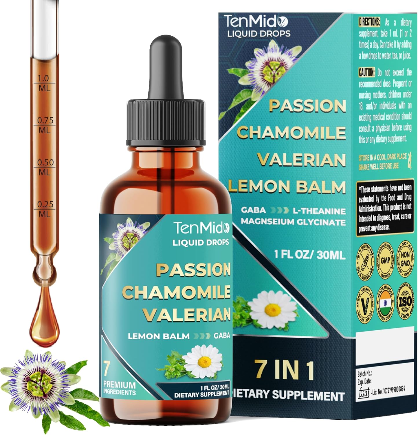 7in1 Passion Flower Extract Liquid Drops with Chamomile, Valerian, Lemon Balm, L-Theanine, GABA, and Magnesium Glycinate - 30ml 1 Fl Oz