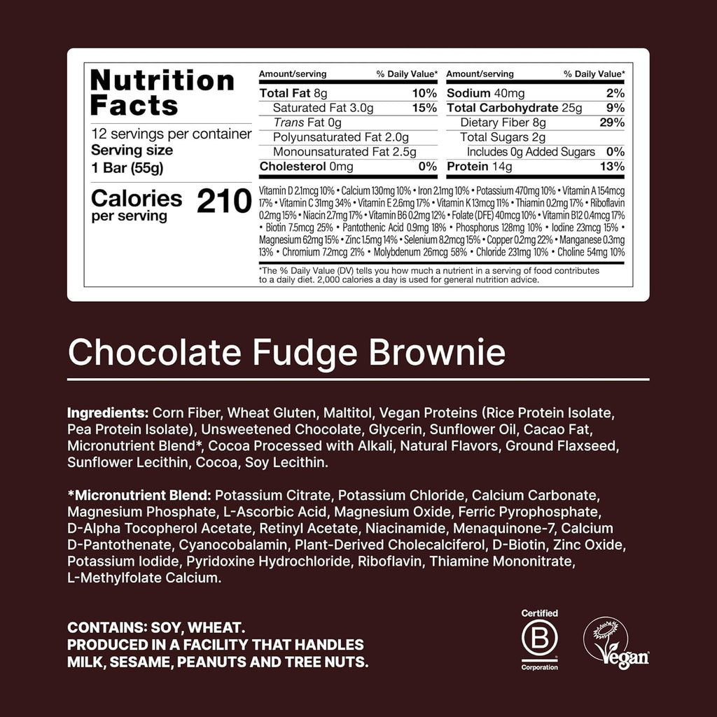 Huel Complete Nutrition Vegan Protein Bars | Fudge Brownie | 13g Protein | 27 Vitamins & Minerals, 2g Sugar, Non-GMO, 100% Plant Based Snack | 12 Pack