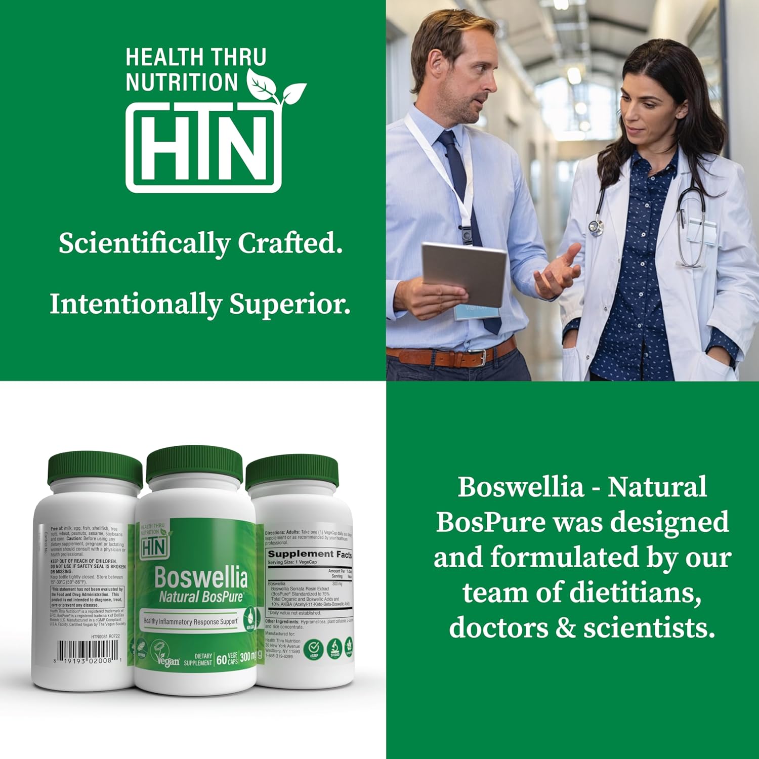 Health Thru Nutrition Boswellia 300mg 60 Capsules as Bospure AKBAMAX | High Potency 75% Boswellic Acids 10% AKBA | Healthy Mobility Support | Vegan Certified | Non-GMO, Gluten Free, Soy Free
