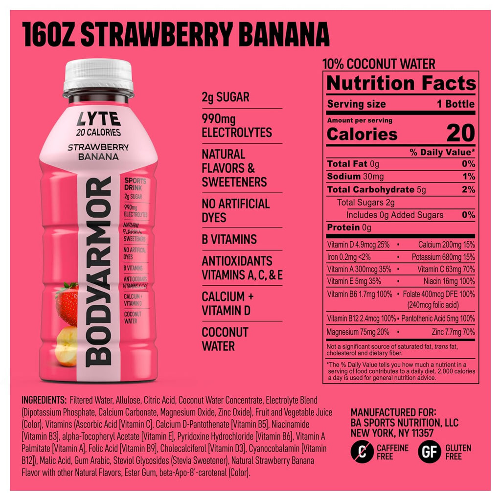 BODYARMOR LYTE Sports Drink Low-Calorie Sports Beverage, Strawberry Banana, Coconut Water Hydration, Natural Flavors With Vitamins, Potassium-Packed Electrolytes, Perfect For Athletes, 16 Fl Oz (Pack of 12)