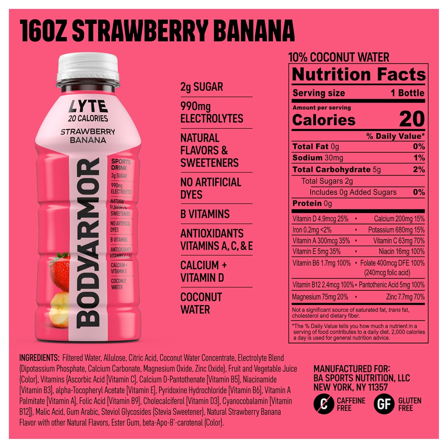 BODYARMOR LYTE Sports Drink Low-Calorie Sports Beverage, Strawberry Banana, Coconut Water Hydration, Natural Flavors With Vitamins, Potassium-Packed Electrolytes, Perfect For Athletes, 16 Fl Oz (Pack of 12)