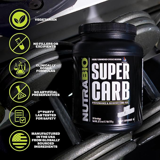 NutraBio Super Carb, Carbohydrate Powder with Cluster Dextrin & Electrolytes, Advanced Carb Supplement Powder for Workout Fuel, Performance, and Muscle Recovery, Cyclic Dextrin, Unflavored, 30 Sv