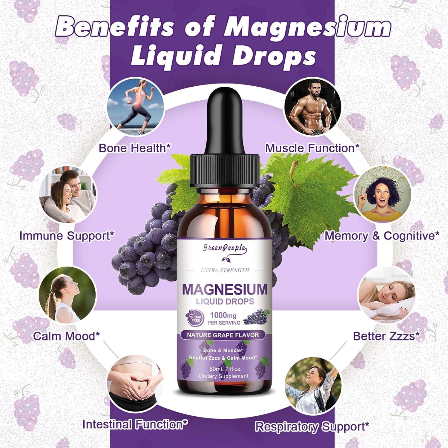 GREENPEOPLE Magnesium Glycinate Liquid Drops - 1000mg 5-in-1 High Absorption Liquid Magnesium for Sleep with D3/K2/B6 | Fast-Acting, Bone, Muscle & Sleep | Sugar-Free Grape Flavor, 2fl Oz