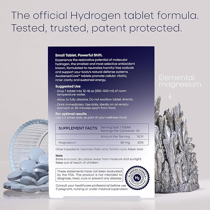 Hydrogen Water Tablets - Molecular H2 Magnesium 12 PPM Supplement Tabs for Drinking Water - Supports Energy, Recovery & Cognitive Function for Antioxidant Cellular Health (30 Count, Raspberry)