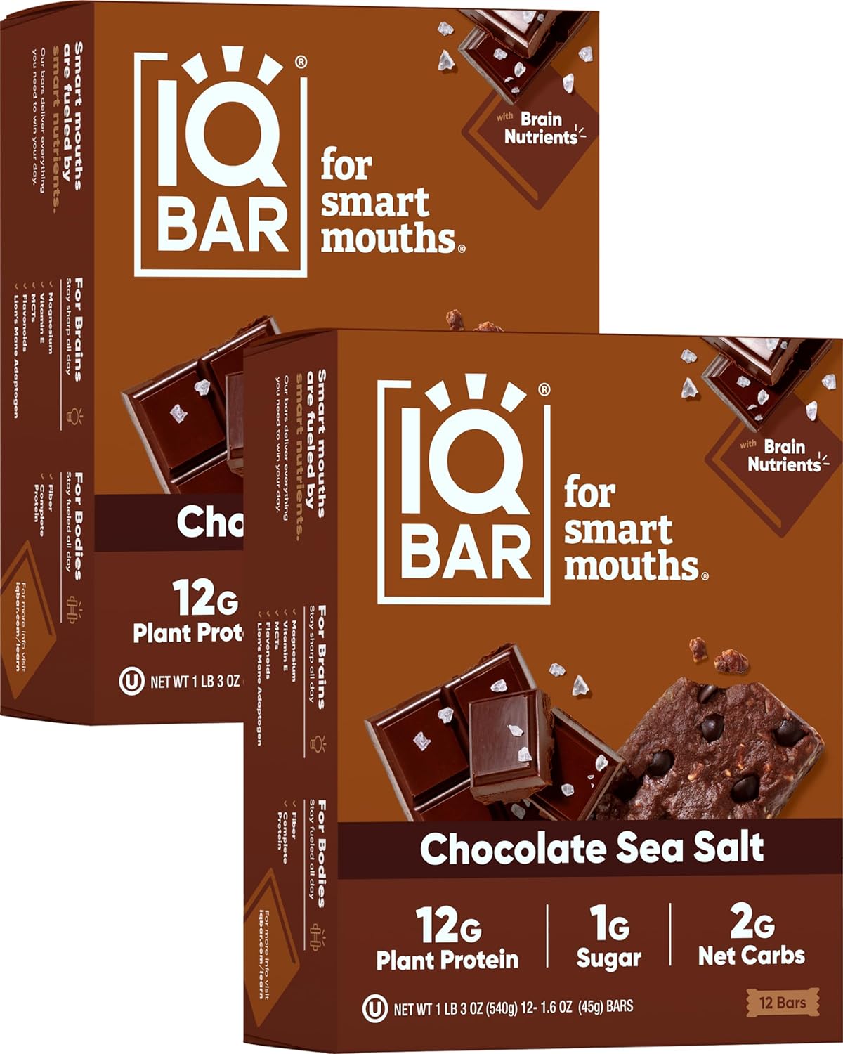 IQBAR Brain and Body Plant Protein Bars - Chocolate Sea Salt - 24-Count - Keto, Vegan, Low Carb, High Fiber, Gluten Free, Dairy Free, Low Sugar Snack with Nutrients for Focus, Energy, Meal Replacement