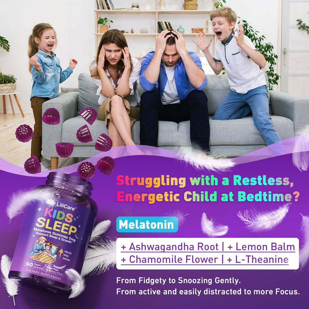 Kids Sleep Gummies, Kid Calcium Gummies + D3, Sleep Aid, Kid Ashwagandha Gummy, Phosphatidylserine, L-Theanine for Brain Focus, Unwind, Sweet Dream Magic Supplement for Kids Parents, 2Pack