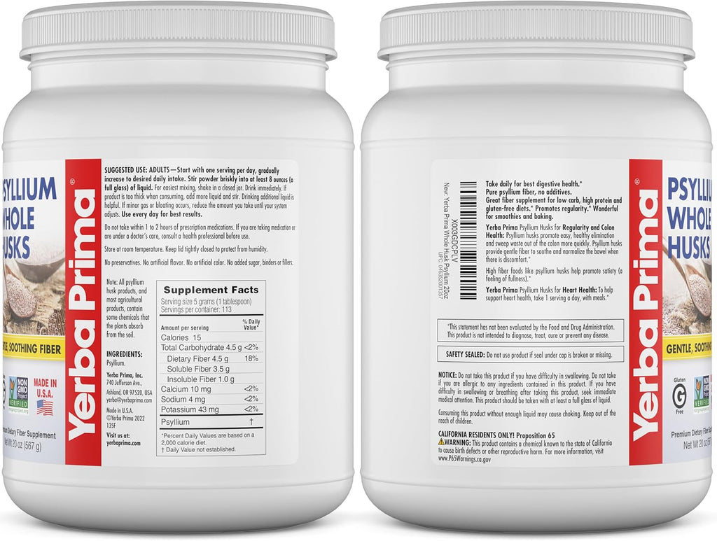 Yerba Prima Psyllium Whole Husks Fiber Supplement - Colon Cleanse - Gut Health - Vegan Non-GMO Gluten Free - 20oz