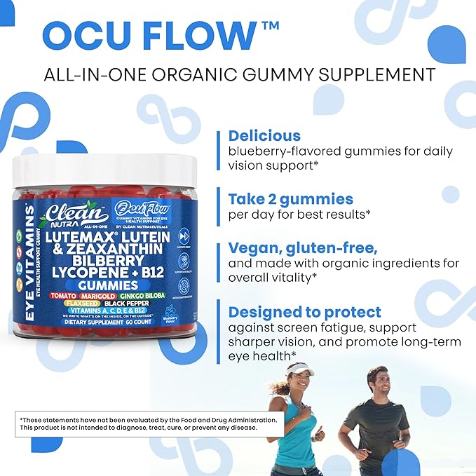 Clean Nutra Lutein and Zeaxanthin Eye Vitamins Gummies + Bilberry for Eyes Vision Support Ginkgo Biloba Marigold, Vitamin B12 Flaxseed Black Pepper CoQ10 Vitamin A l 60 Count B OcuFlow
