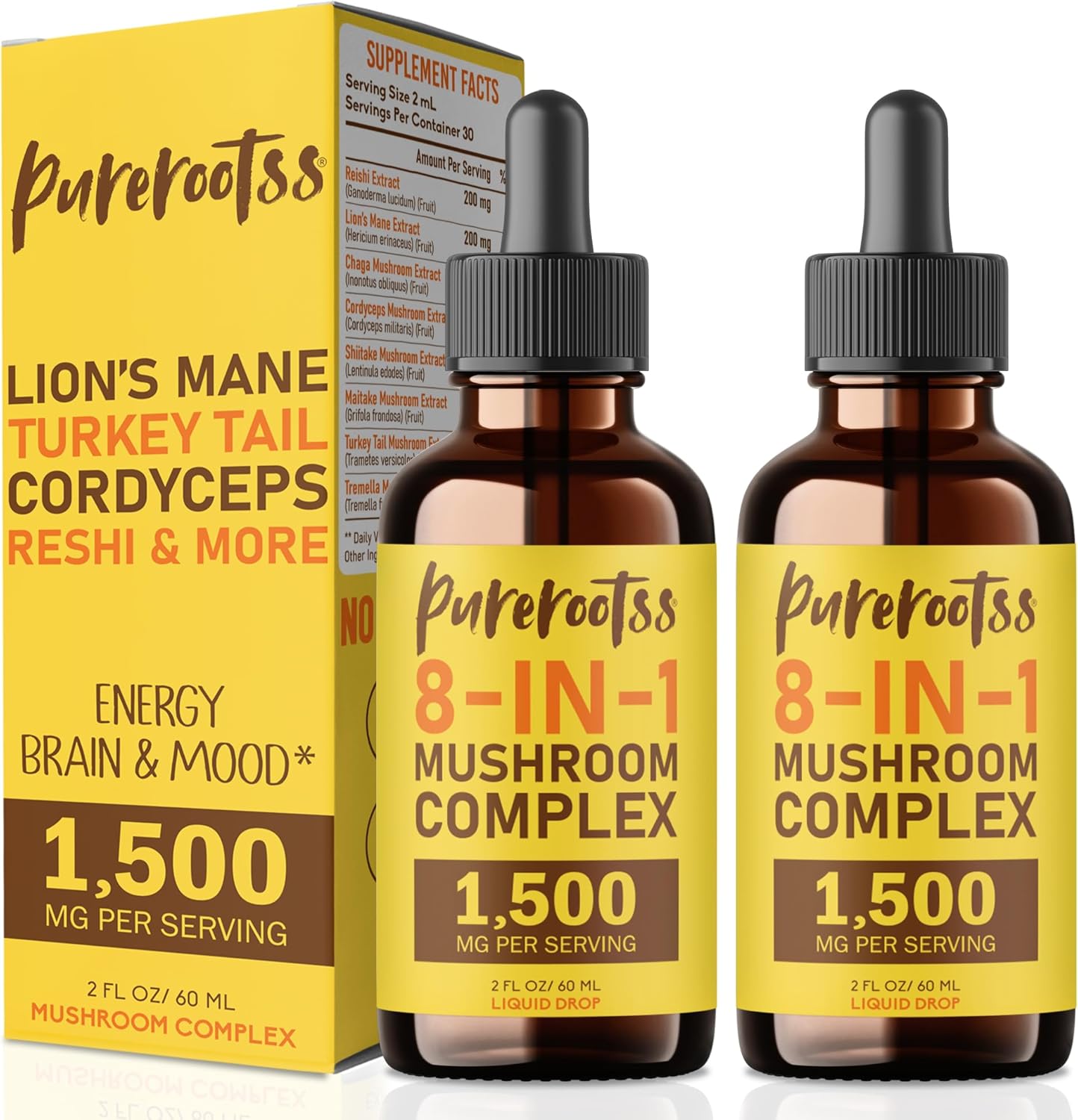 Mushroom Complex Liquid Drop 1500 MG (2 Fl Oz, Pack 2) - Lion Mane, Turkey Tail, Cordyceps, Chaga - Cognitive Health, Memory Focus, Energy & Immune Support - Sugar Free, Non GMO