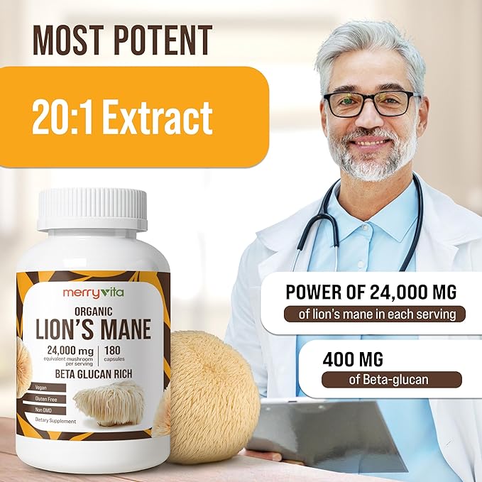Lion’s Mane Supplement Capsules – Mushroom Supplement for Immune Brain, Memory & Focus - Non GMO, Vegan Friendly - 180 Capsules