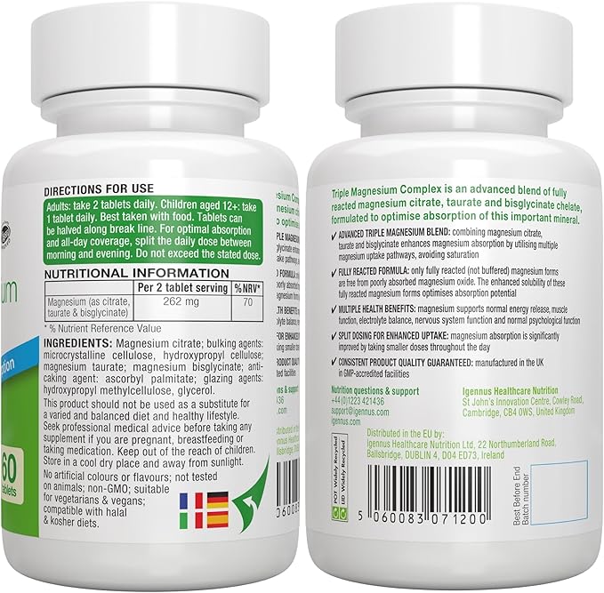Igennus Superior Triple Magnesium Complex, Fully Reacted & Chelated Glycinate, Taurate & Citrate, Clean Label, High Bioavailability & Absorption, 60 Tablets, Vegan, Non-Buffered