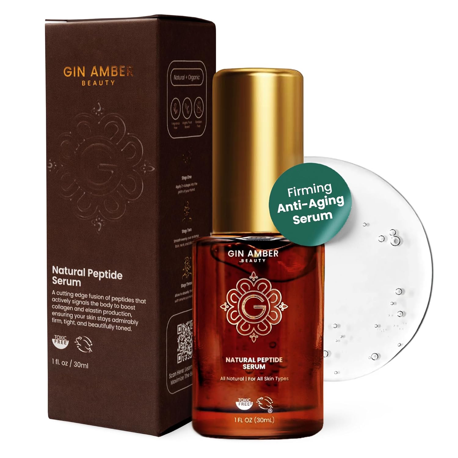 Gin Amber Beauty - Peptide Facial Serum – Firming & Tightening Skin Serum with Vitamin E for a Radiant Look (1 fl oz - 30 ml)