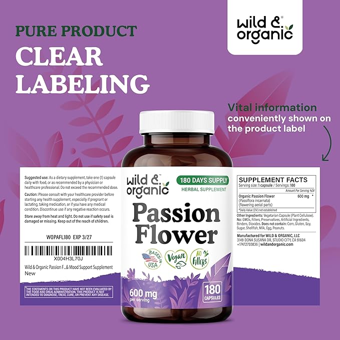 Wild & Organic Passion Flower Capsules 600 mg - Calming & Mood Support - Passionflower Extract Supplement - Passiflora Incarnata Herb - Vegan, No Fillers, Non-GMO - 180 Count