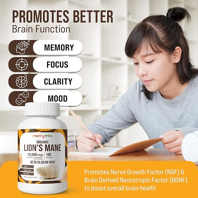 Lion’s Mane Supplement Capsules – Mushroom Supplement for Immune Brain, Memory & Focus - Non GMO, Vegan Friendly - 180 Capsules