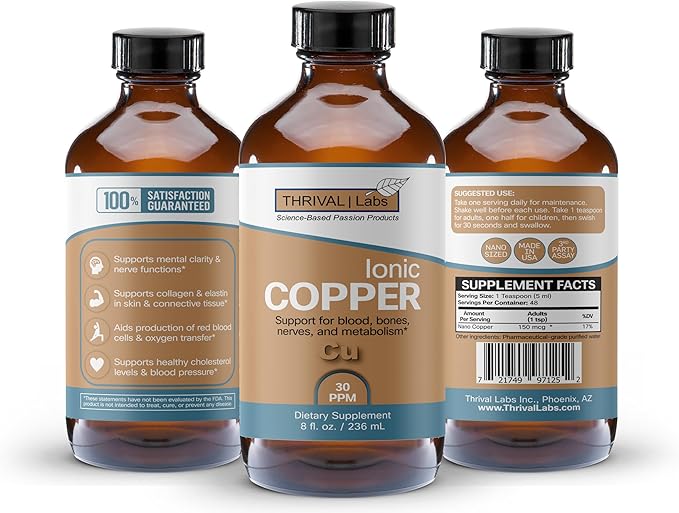 Ionic Copper Drops 30 PPM – Premium Bioavailable Liquid Copper Supplement for General Wellness & Trace Mineral Support – Amber Glass Bottle with Dropper – 16 fl oz