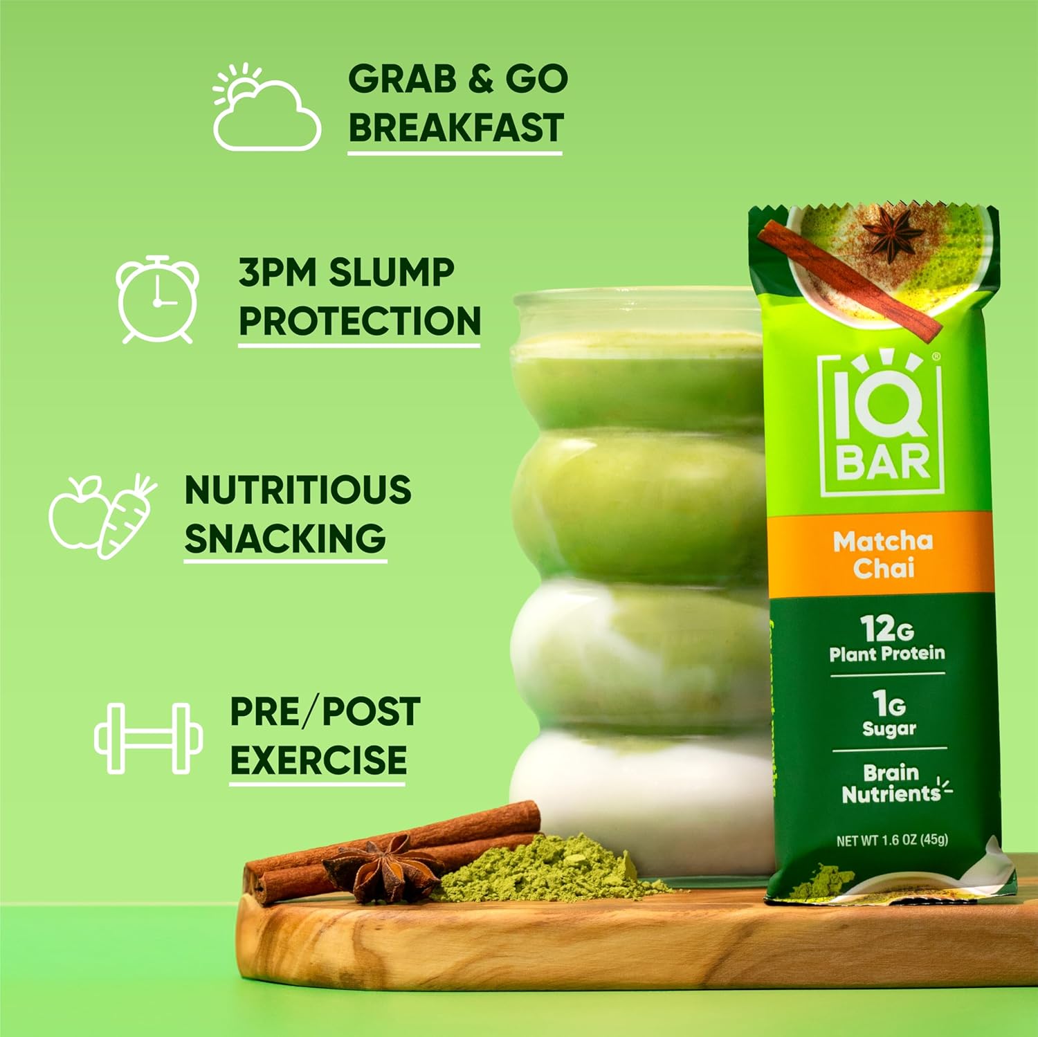 IQBAR Brain and Body Plant Protein Bars - Matcha Chai - 12-Count - Keto, Vegan, Low Carb, High Fiber, Gluten Free, Dairy Free, Low Sugar Snack with Nutrients for Focus, Energy, Meal Replacement