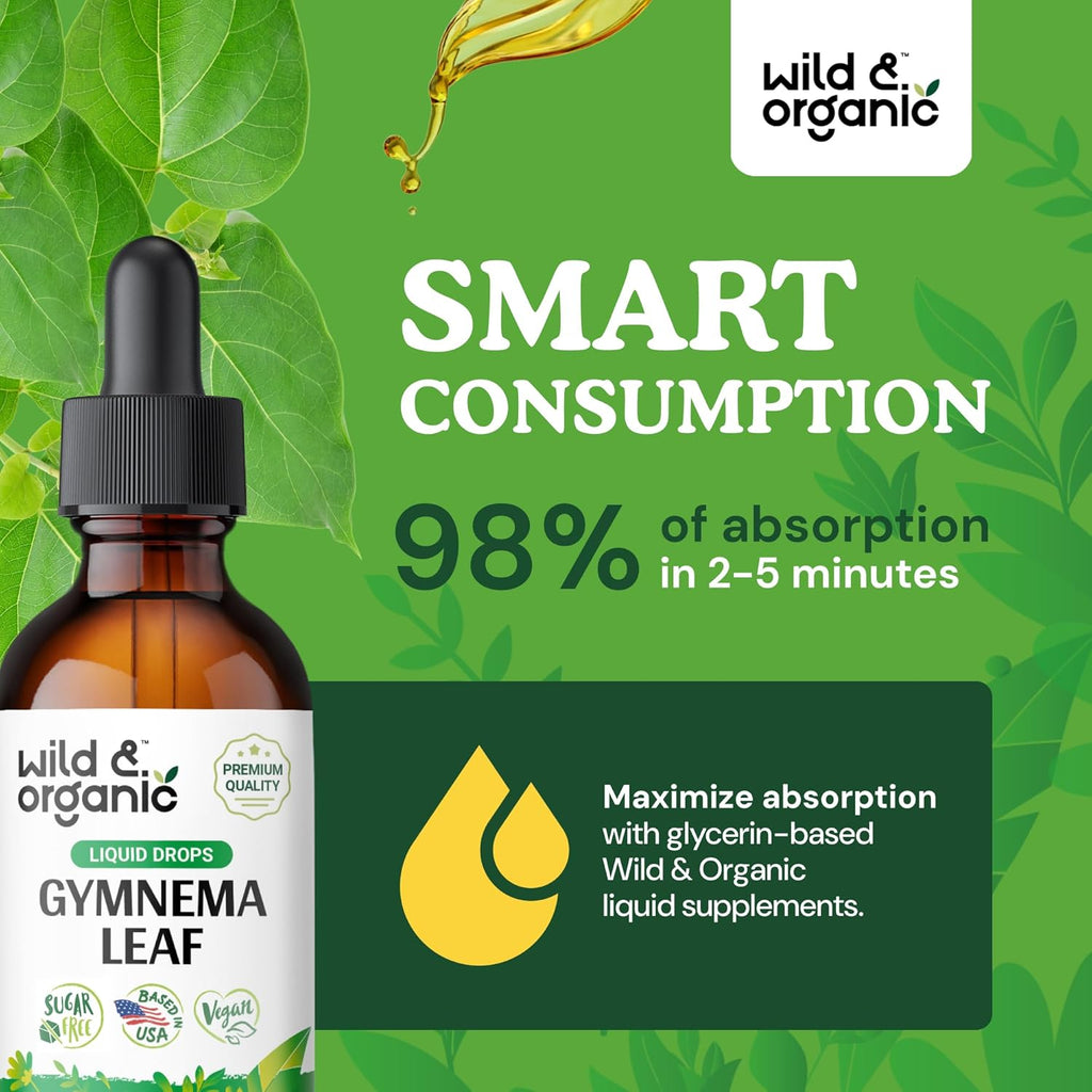 Wild & Organic Gymnema Sylvestre Extract Drops - Sugar-Free Gymnema Supplement for Overall Support - Gurmar Leaf Extract Tincture - Vegan, Alcohol-Free Liquid Drops - 2 fl oz