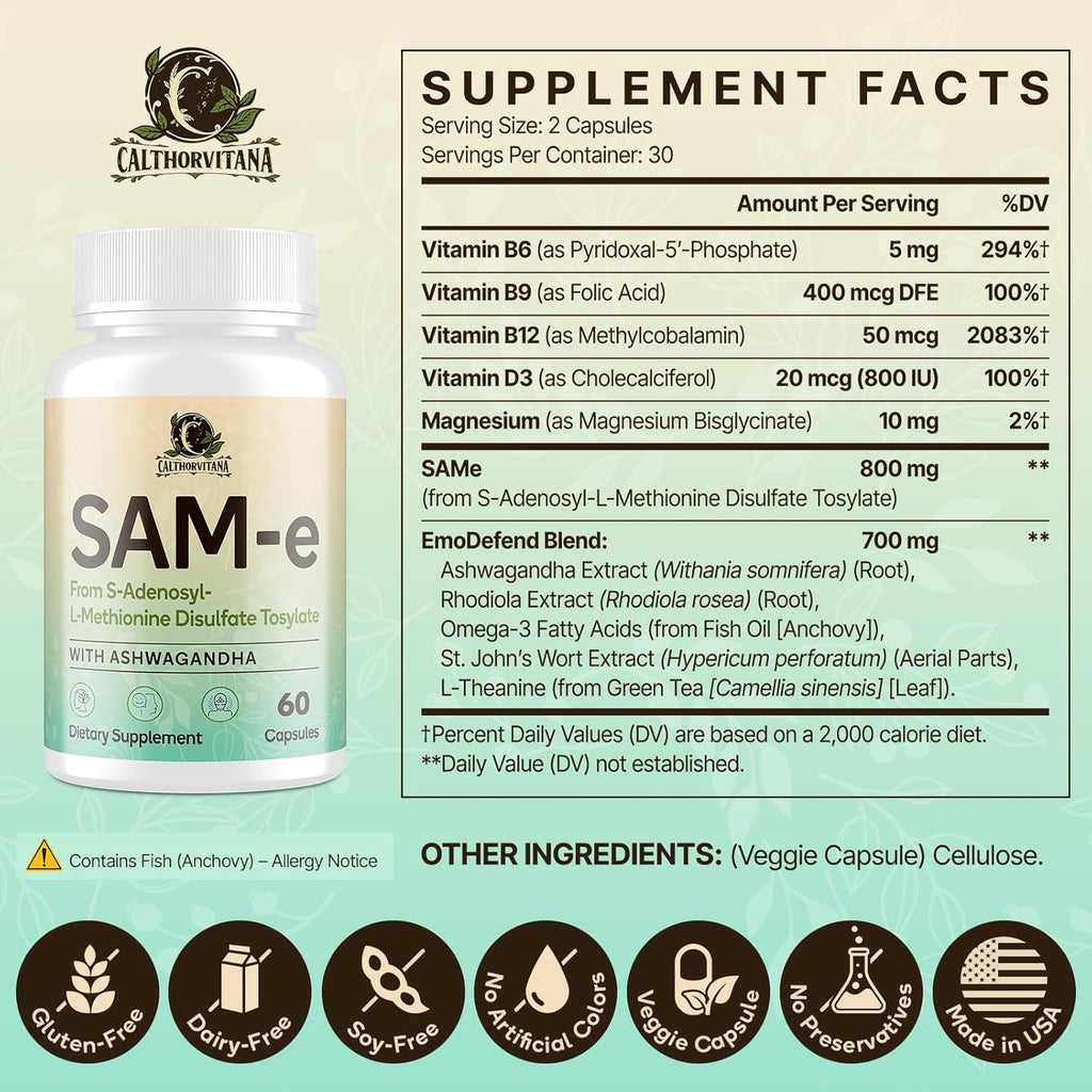 SAM-e Supplement – Capsule Complex with Ashwagandha Extract, L-Theanine, Rhodiola, St. John’s Wort, Omega-3 Fatty Acids, Magnesium, B Vitamins & D3, 120 Capsules