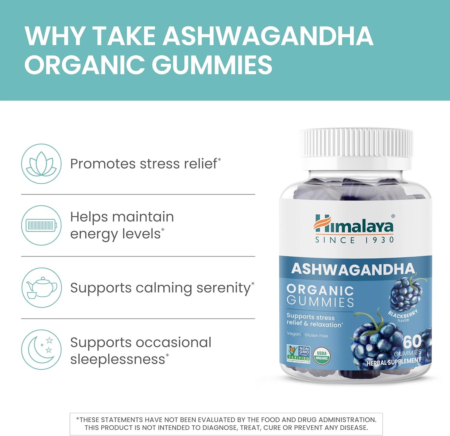 Himalaya Ashwagandha Organic Gummies, KSM-66 Organic Ashwagandha to Help with Stress Relief, Energy and Relaxation, 60 Gummies with Delicious BlackBerry Flavor