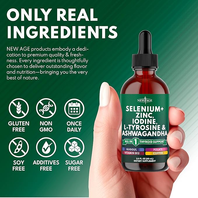 Thyroid Support Drops - Selenium, Zinc, Iodine, L Tyrosine, Ashwagandha, Turmeric, Schisandra Guggu, Cayenne, Basil - Liquid Supplement Folate Copper Alcohol -Free, Vegan, Non-GMO – 8 oz