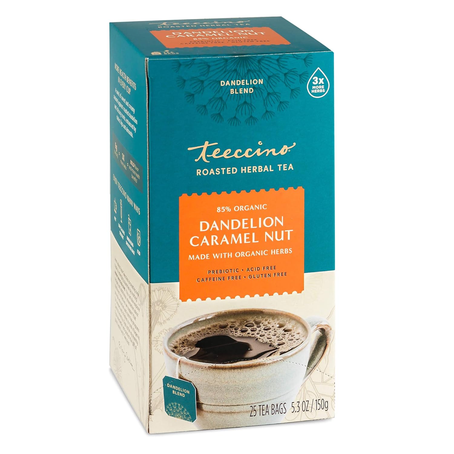 Teeccino Dandelion Caramel Nut Tea, 25 Tea Bags - Caffeine Free, Roasted Herbal Tea with Prebiotics, 3x More Herbs than Regular Tea Bags, Gluten Free, Great Hot or Iced, Herbal Tea