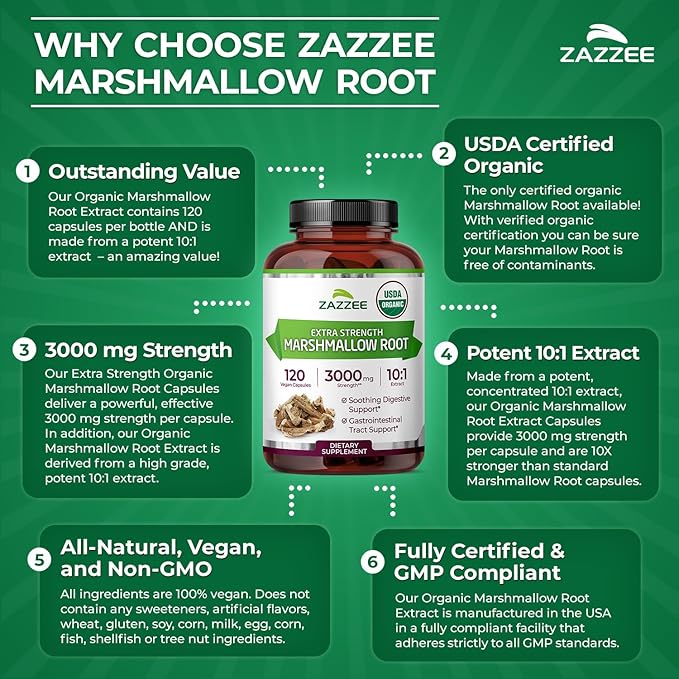 Zazzee USDA Organic Marshmallow Root 10:1 Extract, 3000 mg Strength, 120 Vegan Capsules, 4 Month Supply, Standardized, Concentrated 10X Extract, 100% Vegetarian, All-Natural, Non-GMO, Made in The USA