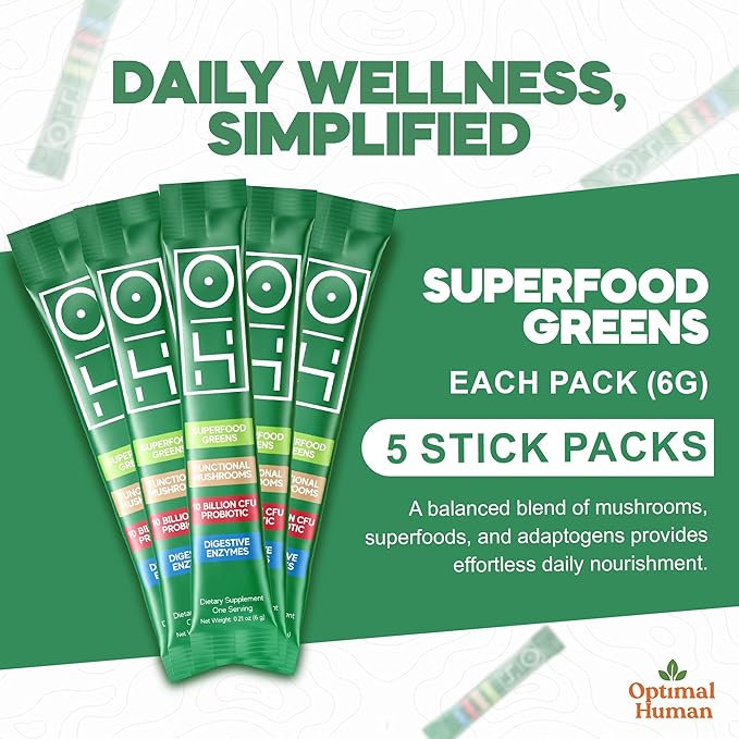 Optimal Human Superfood Greens Powder -90+ Ingredient Blend with Lion’s Mane Supplement, Ashwagandha & Turmeric – Non-GMO, Soy-Free,Mushroom Supplements for Women – 5-Day Sachets w/A Bottle- 0.21 oz