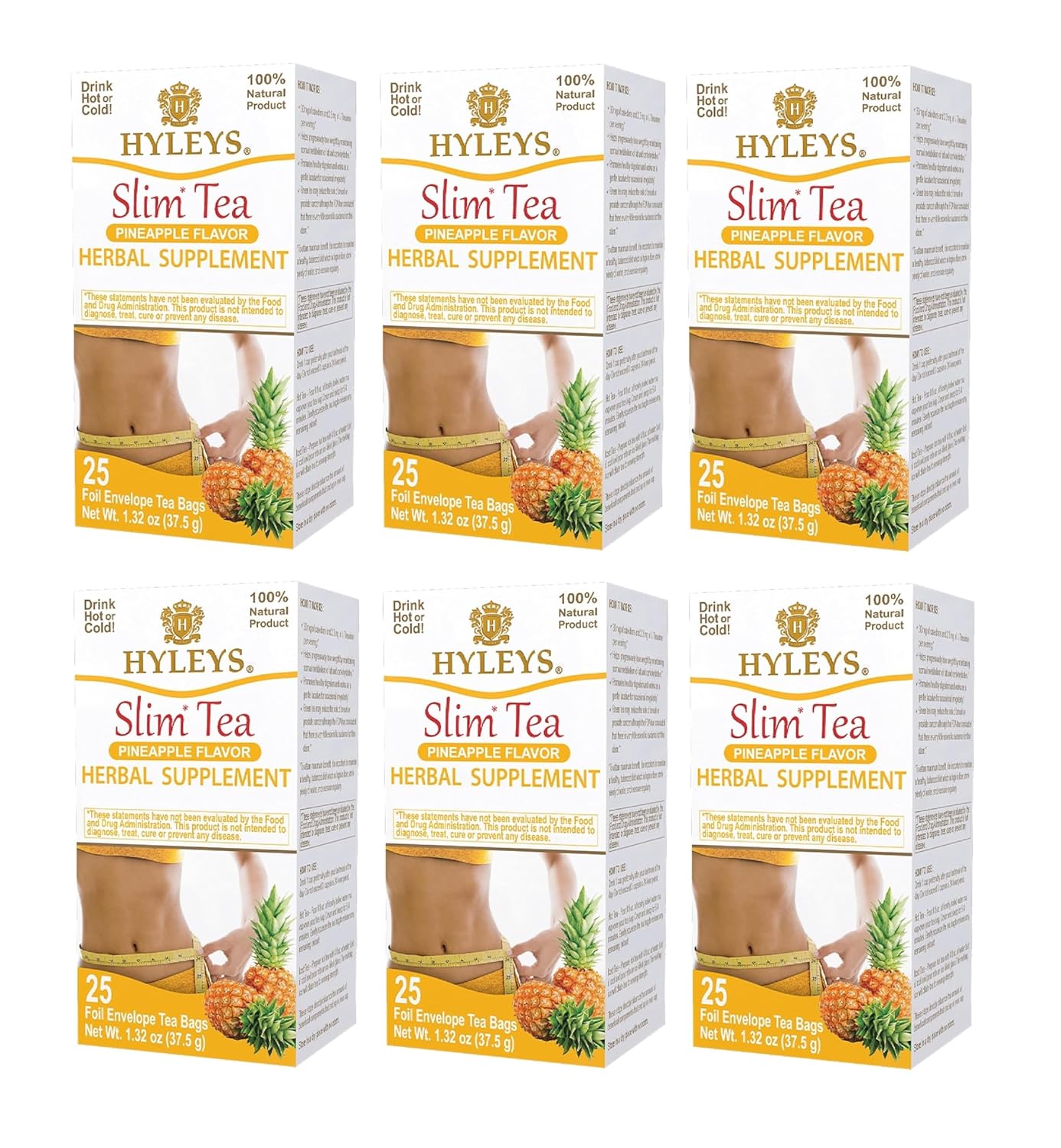 Hyleys Slim Tea Pineapple Flavor - Weight Loss Herbal Supplement Cleanse and Detox - 25 Tea Bags (6 Pack)
