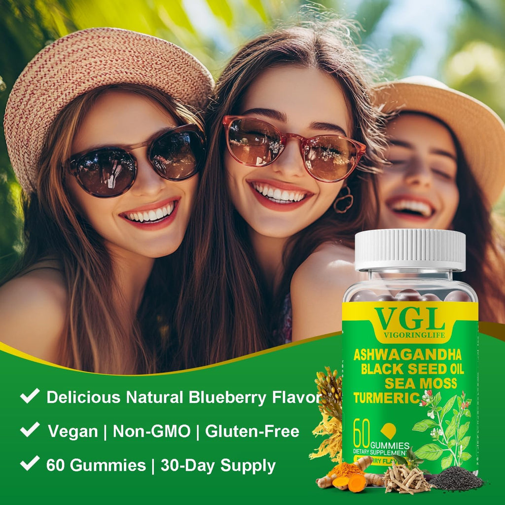 Ashwagandha Gummies, Sea Moss, Black Seed Oil, Turmeric, Manuka Honey, ACV, Dandelion, Black Pepper, Burdock, Bladderwrack, Blueberry Flavor, Vegan, Gluten-Free, Non-GMO, 60 Count