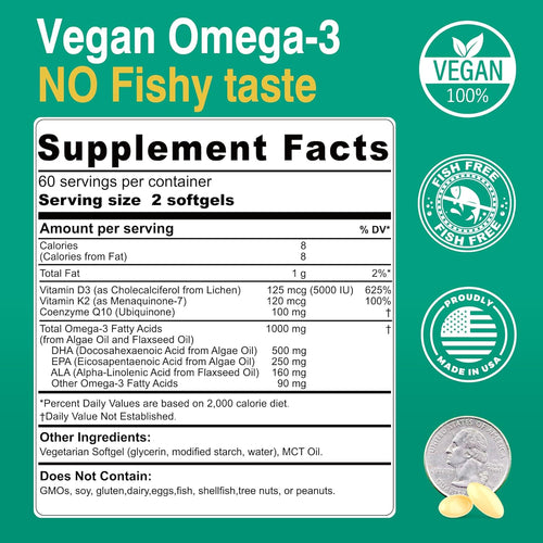2 Pack Vegan Omega 3 D3 K2 CoQ10 Supplement, Plant Based DHA EPA ALA for Women Men, Omega 3 Organic Algae Flaxseed Oil Supplement for Bone, Brain, Eye & Immune Support, No Carrageenan, 240 Softgels