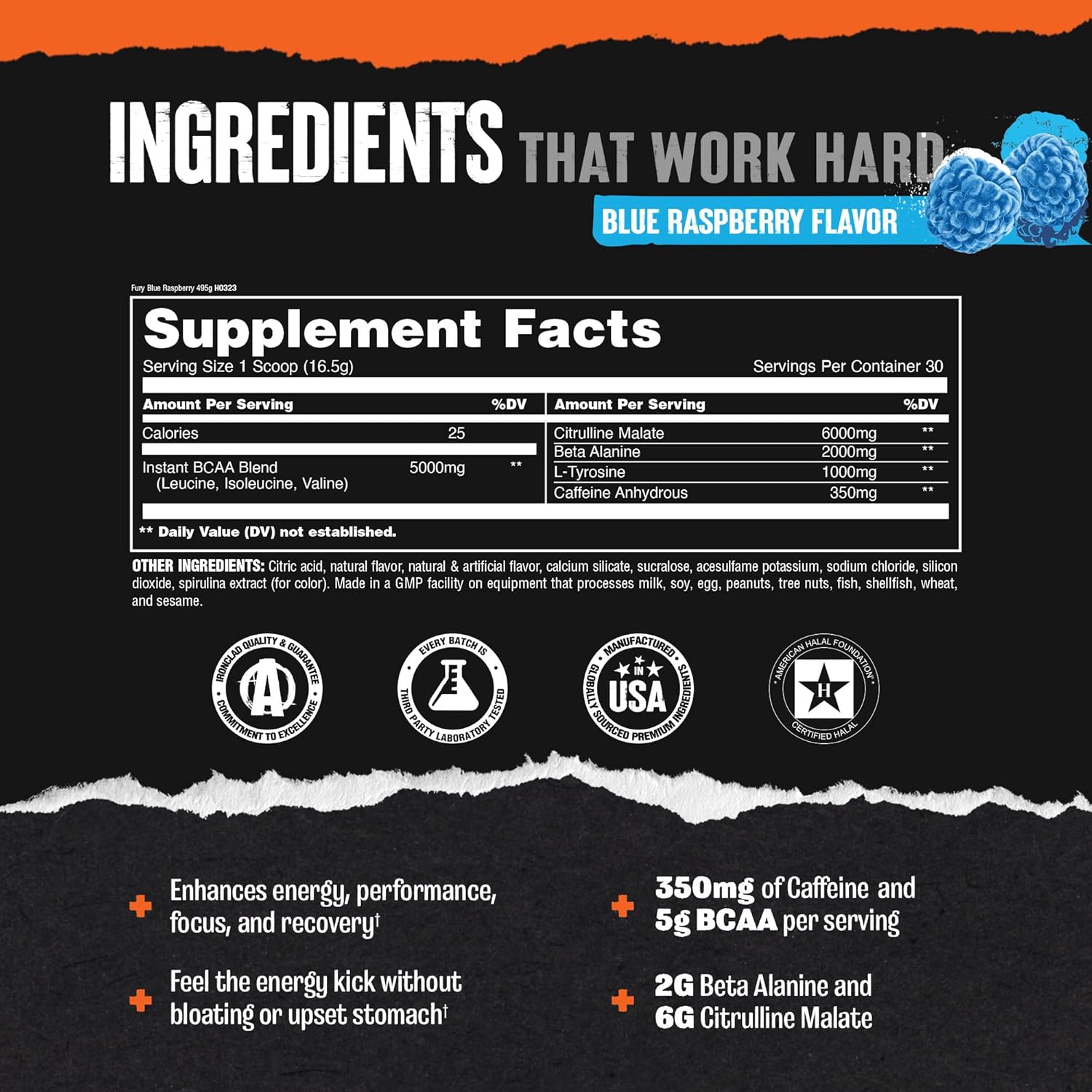 Animal Fury - Pre Workout Powder Supplement for Energy and Focus - 5g BCAA, 350mg Caffeine Nitric Oxide Without Creatine - Powerful Stimulant for Bodybuilders - Blue Raspberry