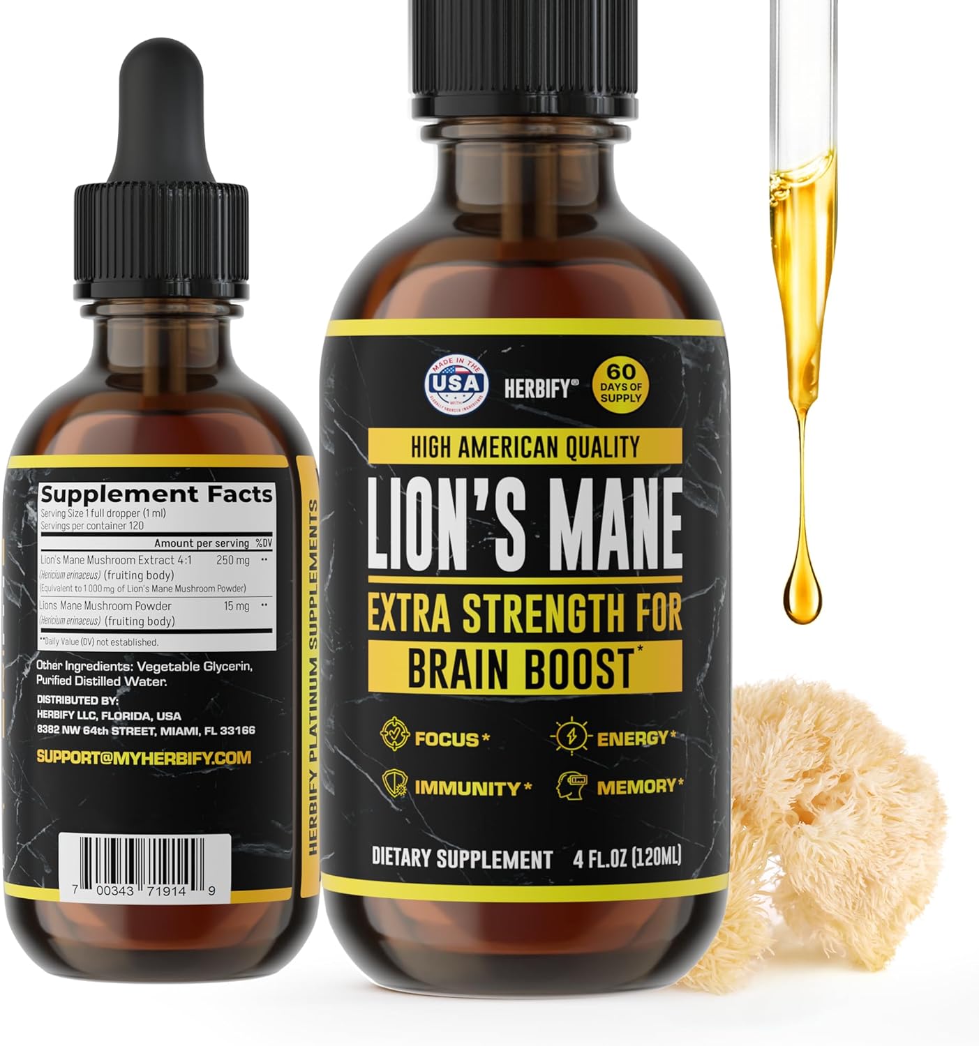 HERBIFY Lions Mane Supplement - Daily Mushroom Supplement for Memory, Focus & Clarity - Brain Booster - Lions Mane Tincture for Immune Support - 4 Fl oz
