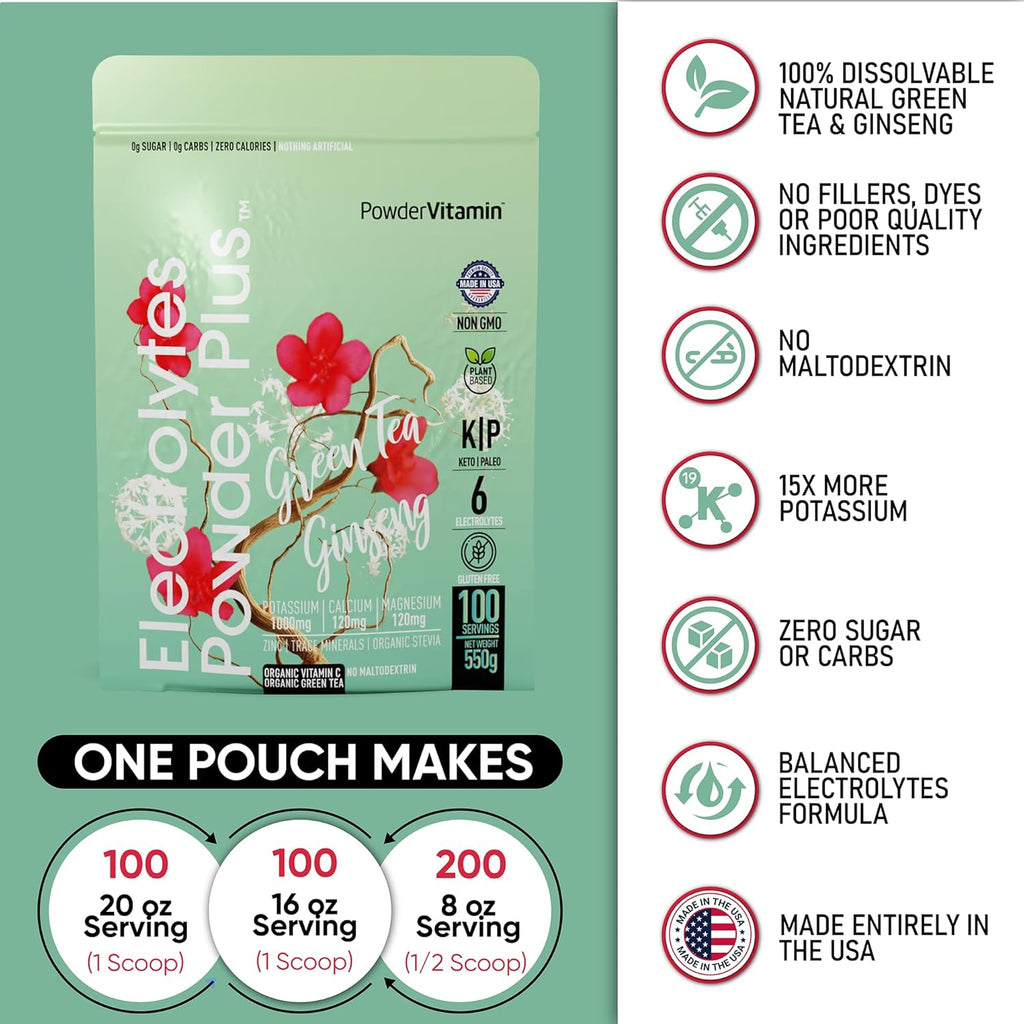 PowderVitamin Electrolytes Powder Plus (100 Servings) Green Tea Ginseng Electrolyte Powder Keto, Sugar Free, Pink Himalayan Salt,1000mg Potassium,150mg Calcium,150mg Magnesium, Hydration Powder