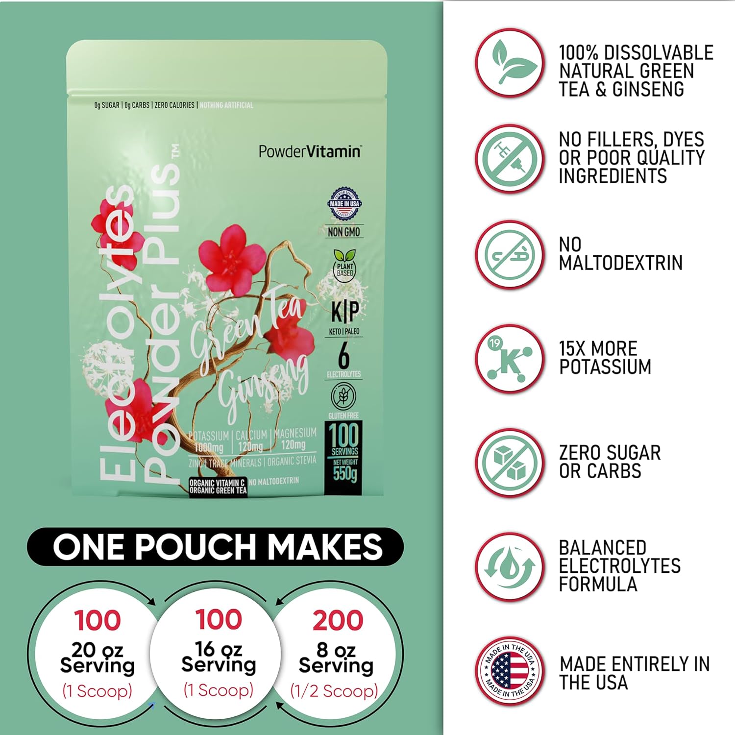 PowderVitamin Electrolytes Powder Plus (100 Servings) Green Tea Ginseng Electrolyte Powder Keto, Sugar Free, Pink Himalayan Salt,1000mg Potassium,150mg Calcium,150mg Magnesium, Hydration Powder
