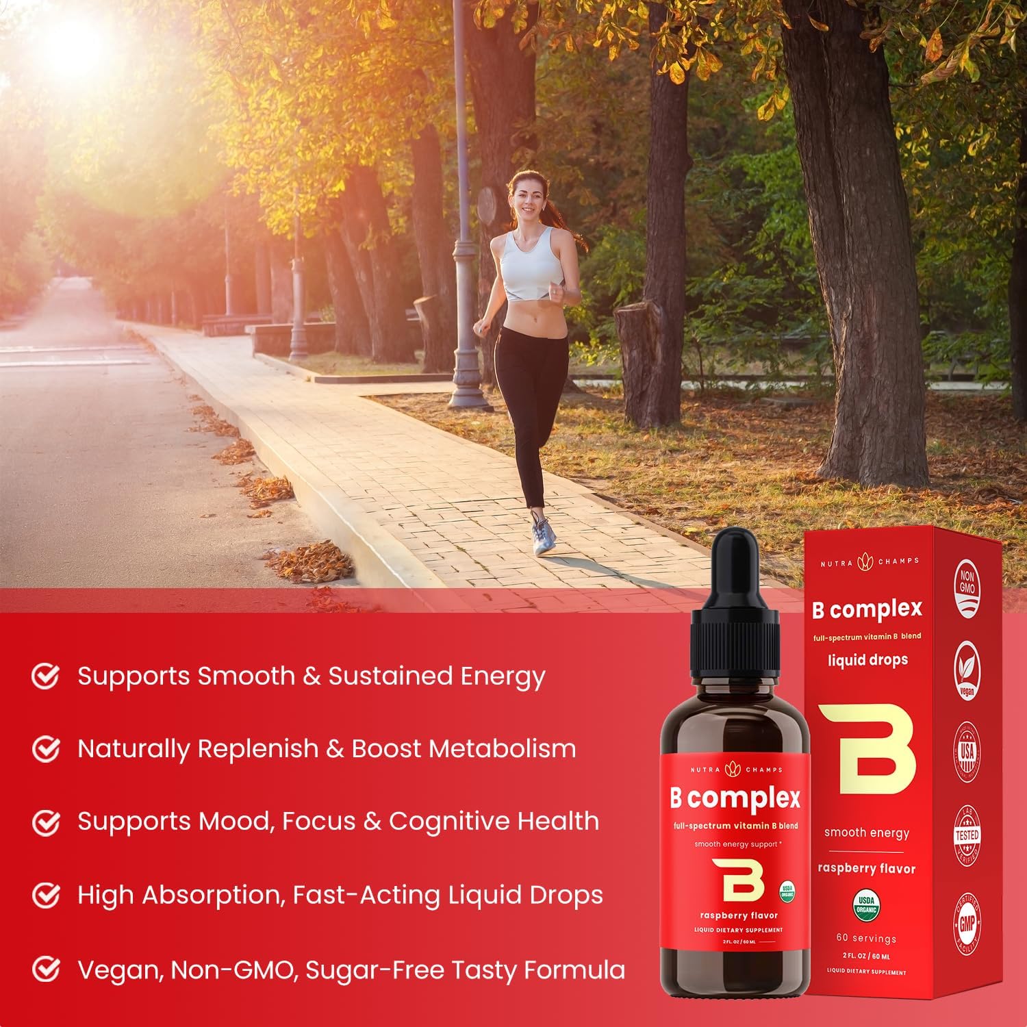 USDA Organic Vitamin B Complex Liquid Drops | B Vitamins Complex Supplement with B1, B2, B3, B6, B7, B9 & Methyl B12 Drops for Adults & Kids | Vegan Berry Flavor 2oz | 60 Servings / 2 Month Supply