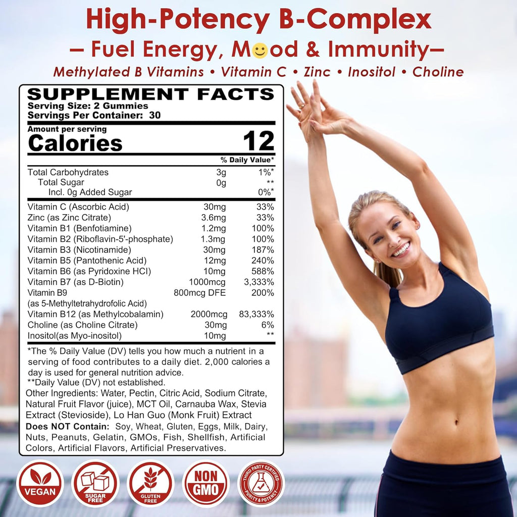 Vitamin B Complex Gummies, Vegan Vitamin B Gummies with 2000 mcg Methyl B12, Methyl Folate | Plus Choline + Inositol, Vitamin C + Zinc for Supports Energy, Mood, Immune, Healthy Hair, Skin - 120 Cts