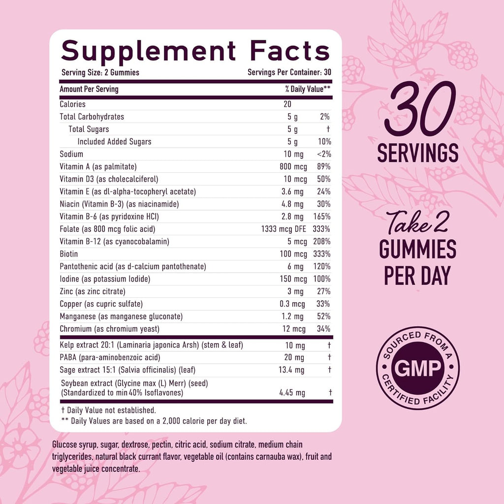 Menopause Support Gummies | Hormone Balance Relief for Hot Flashes, Night Sweats, Mood Swings, & Bloating | with Phytoestrogen Soy, Vitamin D3, PABA, Biotin | Vegetarian, Gluten-Free | 60 Count