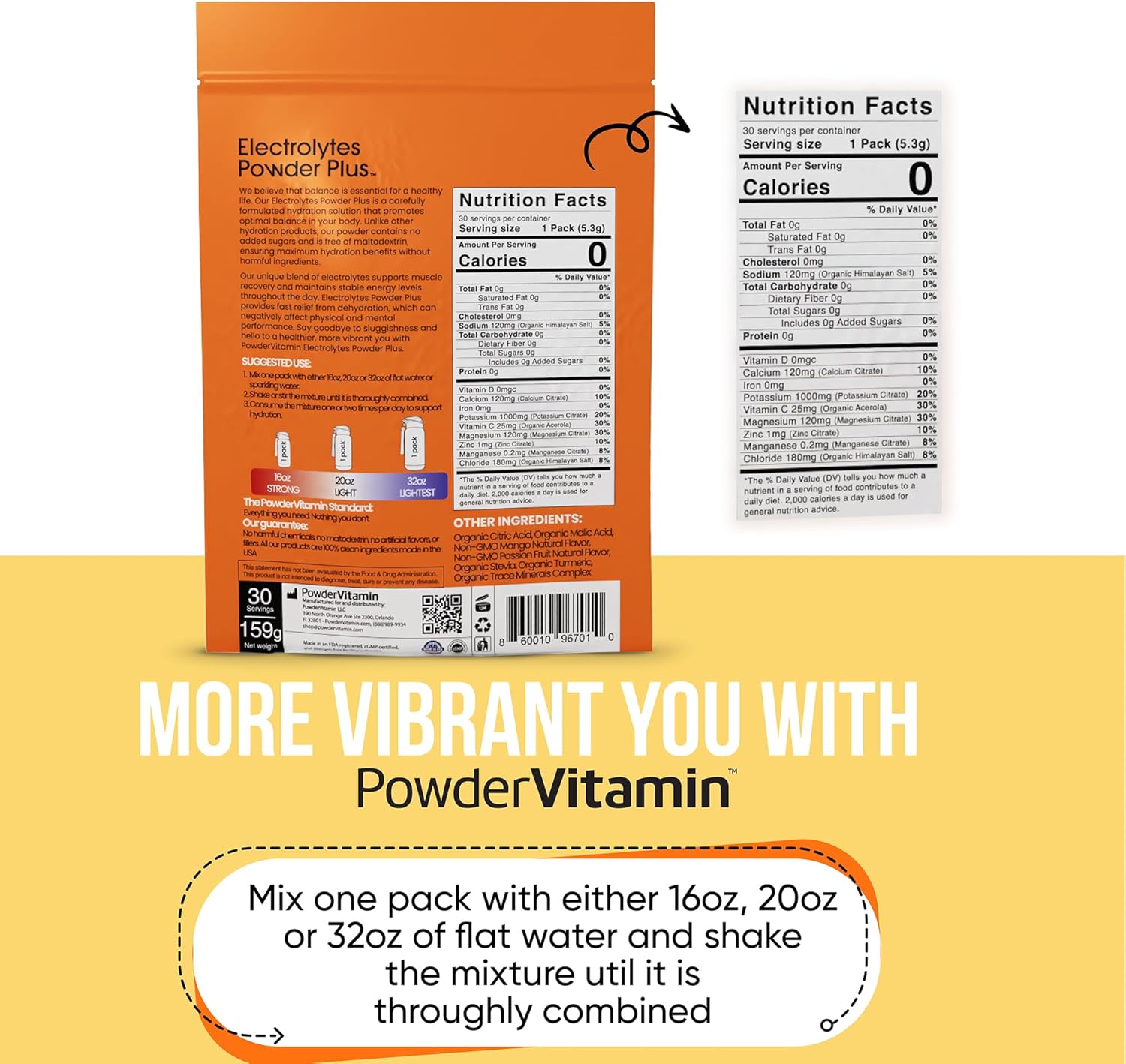 PowderVitamin Electrolytes Powder Plus, Keto, Mango Passionfruit, Sugar Free, 1000mg Potassium, 120mg Calcium, 120mg Magnesium, Non-GMO, Zero Calories, 30 Hydration Packets