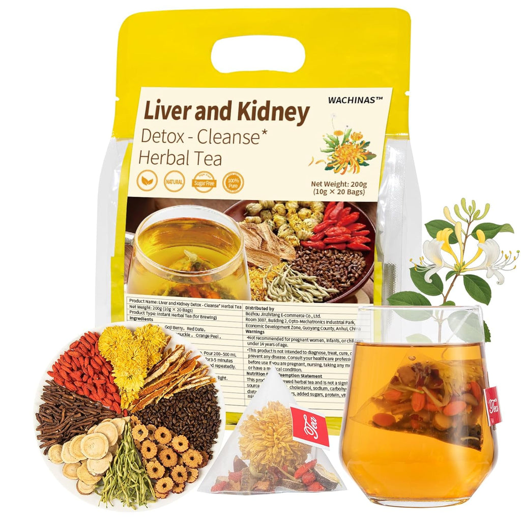 Premium Kidney and Liver Detox Tea - 8 Herbal Blend with Dandelion, Goji Berry, Jujube, Licorice Root & Chrysanthemum - Caffeine & Sugar Free - 20 Individually Wrapped Pyramid Tea Large Bags (200g)