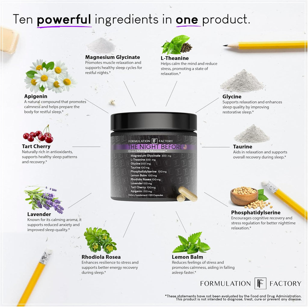 Formulation Factory The Night Before 10-in-1 Midnight Maximizer Sleep Supplement, Magnesium Glycinate, L-Theanine & More, Stress Relief, Relaxation, Focus (6 Month Supply, 360 Capsules)