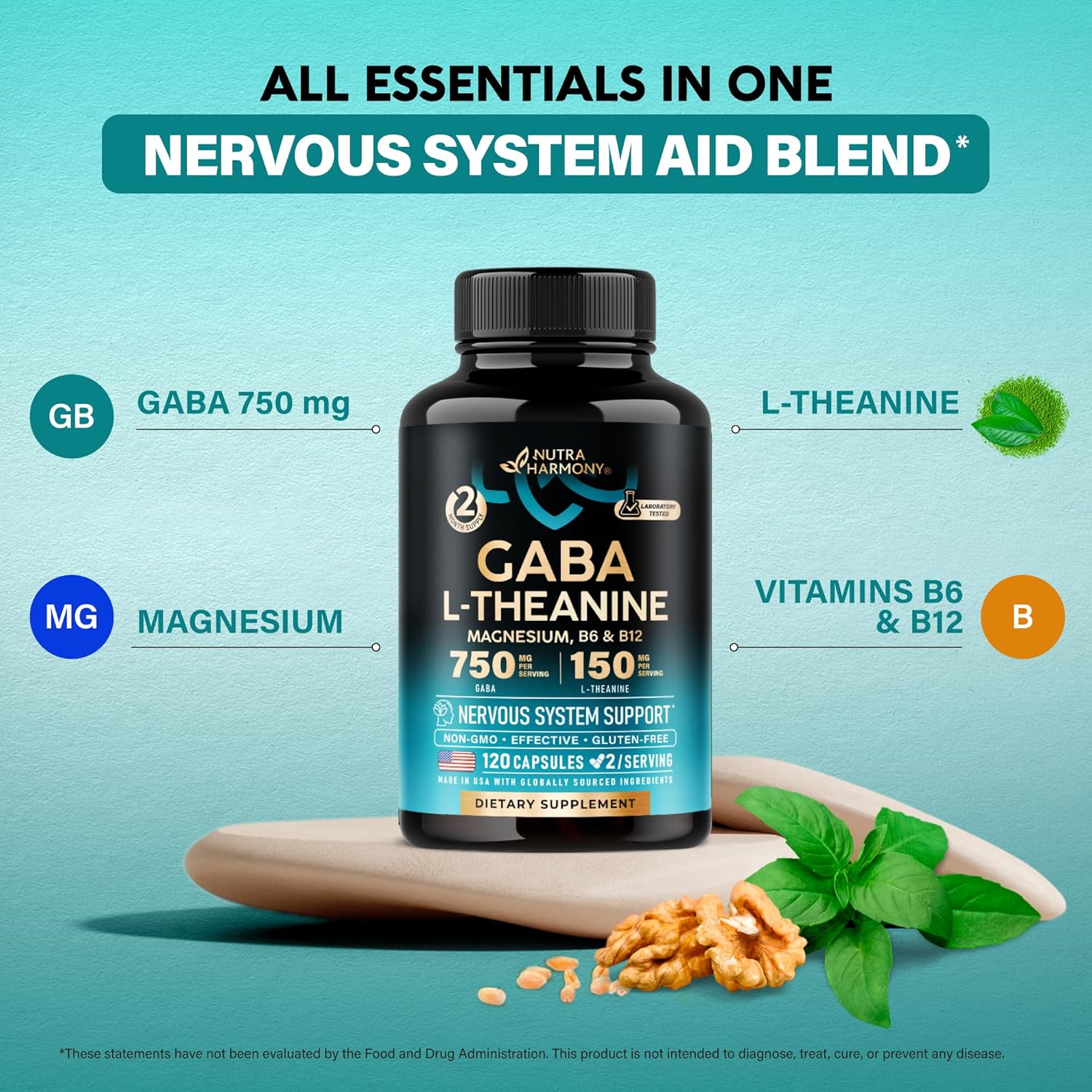 GABA L-Theanine 900 mg - Made in USA - Magnesium | Vitamin B6 - Calm, Sleep, Relaxation & Mood Support - 750 mg Gamma AminoButyric Acid, 150 mg L-Theanine - Non-Habit Forming, Vegan - 120 Capsules